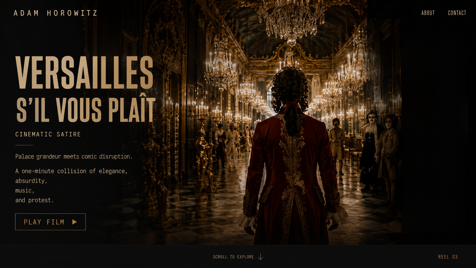 A red-coated figure faces the illuminated Hall of Mirrors at Versailles